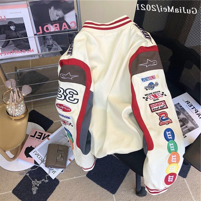 Autumn Winter American Retro Tooling Racing Baseball Uniform Men and Women Loose Hiphop Motorcycle Jacket