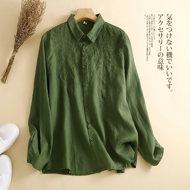 Ice cotton linen long-sleeved shirt loose retro embroidered linen tops Clearance ~ counter withdrawal