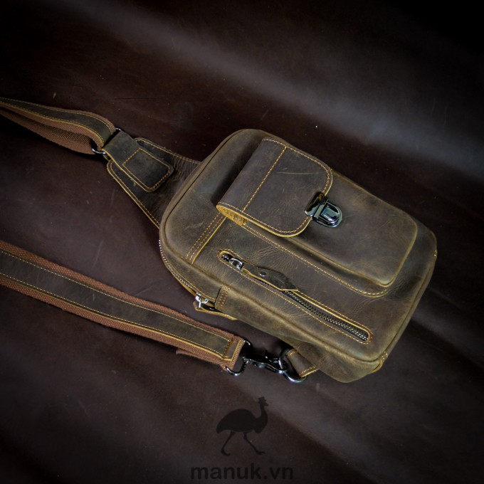 Túi chéo da bò thật, da bò sáp nâu rêu nhập khẩu cao cấp Pocket sling bag - Manuk vn Leather Design | BigBuy360 - bigbuy360.vn