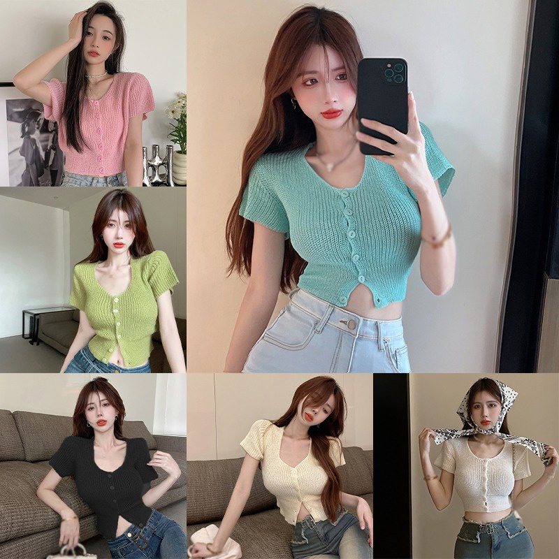 Áo Thun Dệt Kim Ngắn Tay Màu Sắc Đơn Giản Phong Cách Hàn Quốc