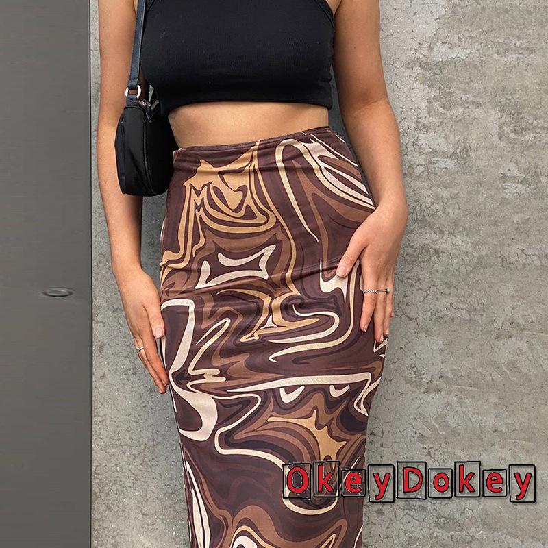 OKDK-Women Sexy High Waist Wrapped Spring Summer Fall Dye Print Coffee Slimming Skirt