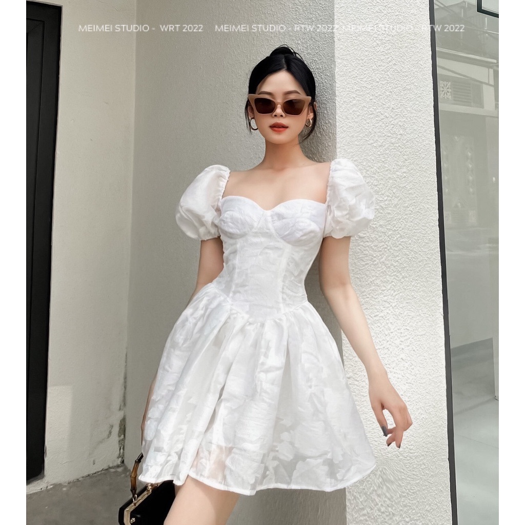 Đầm bèo Danisa hoa bồng cúp ngực - Váy bèo dáng xòe tay cộc - Phong cách tiểu thư bánh bèo | XKV32 | MeiMei Studio