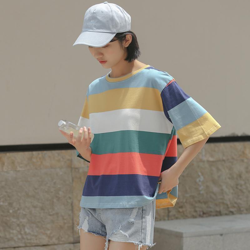 Áo thun IELGY ngắn tay dáng suông kẻ sọc màu cầu vồng phong cách Hàn Quốc cho nữ