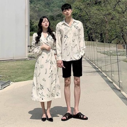 Đồ đôi nam nữ đẹp Set áo váy sơ mi Hàn Quốc dáng dài COUPLE STORE