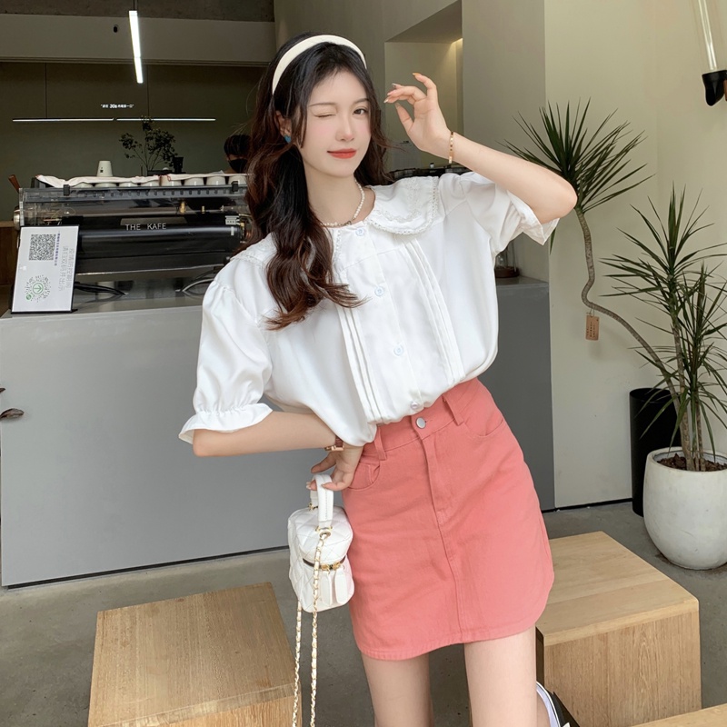 SUXI Áo Sơ Mi Ngắn Tay Cổ Búp Bê Màu Sắc Đơn Giản Thời Trang Mùa Hè Cho Nữ