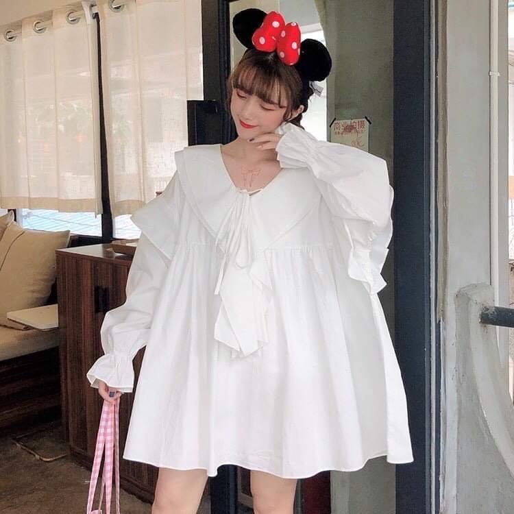 Áo sơ mi babydoll dài tay cổ viền chữ Y - áo sơmi trắng nữ dài tay bánh bèo, tay bo xòe, dáng váy SIÊU HOT