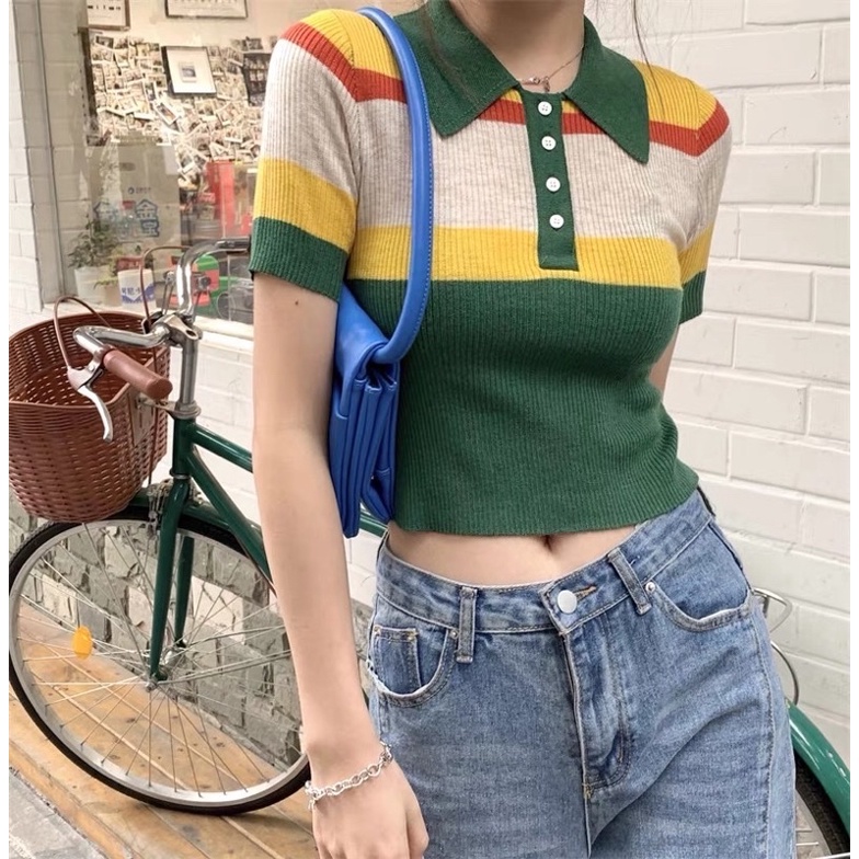 áo len dệt kim croptop cổ polo mix hàng khuy - sọc kẻ ngang phối màu hot trend