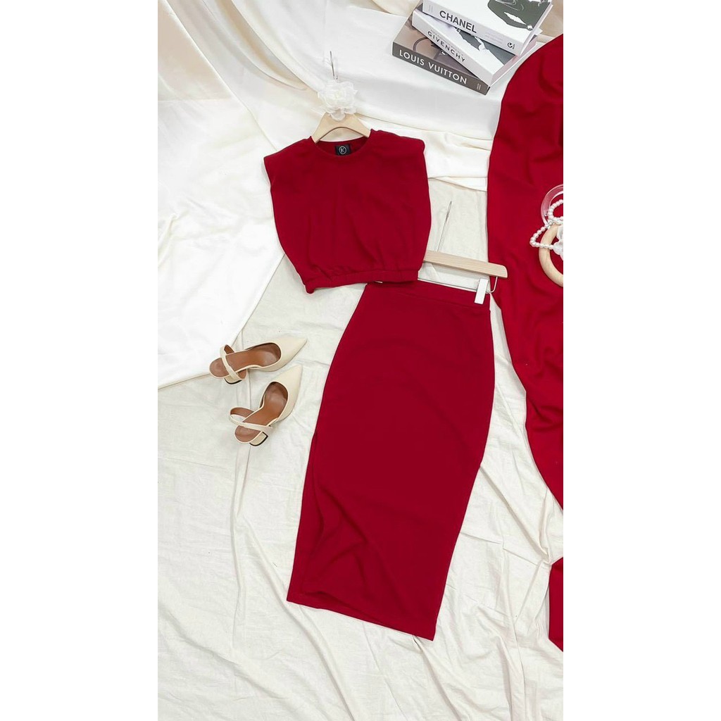 Set áo cánh dơi nhún eo kèm chân váy xẻ tà bên y hình chất thun co giãn - 4 màu