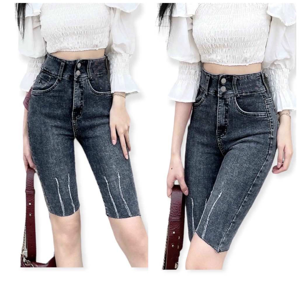 Quần jeans ngố lửng BigSize co dãn mạnh, màu xám xước, lưng cao 4288