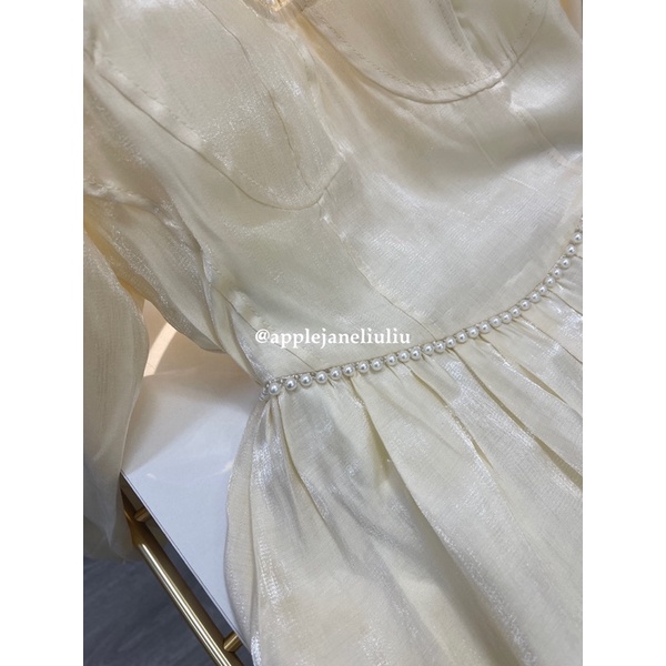 Jane Đầm dự tiệc xòe tay dài kết trân châu trắng nhỏ xinh tôn dáng