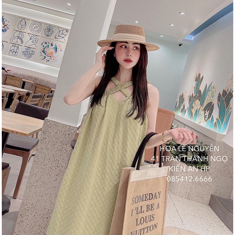 Váy maxi cổ yếm dây chéo Đầm đũi xốp ô vuông hở vai Đầm bầu mặc được