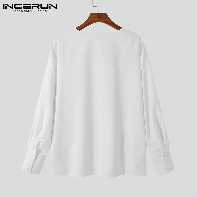Áo thun INCERUN tay dài cổ rộng màu trơn thời trang Hàn Quốc cho nam