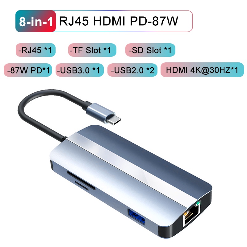 Hub Chuyển Đổi USB Type C Sang HDMI RJ45 VGA SD 100W USB 3.0 Cho MacBook Pro