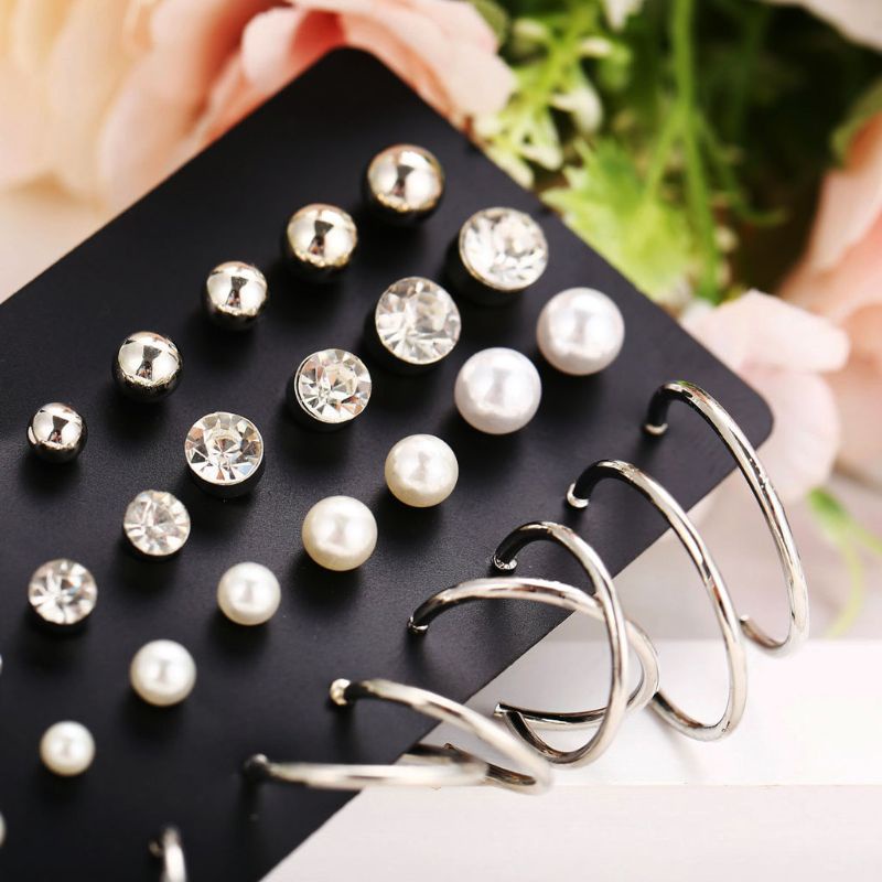 Set 20 đôi khuyên tai tròn nhỏ đính hạt ngọc trai nhân tạo xỏ lỗ