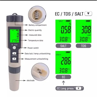 Máy đo độ mặn 4 trong 1 máy đo độ muối/EC/TDS/TEMP Máy đo muối S-100 kiểm tra độ mặn