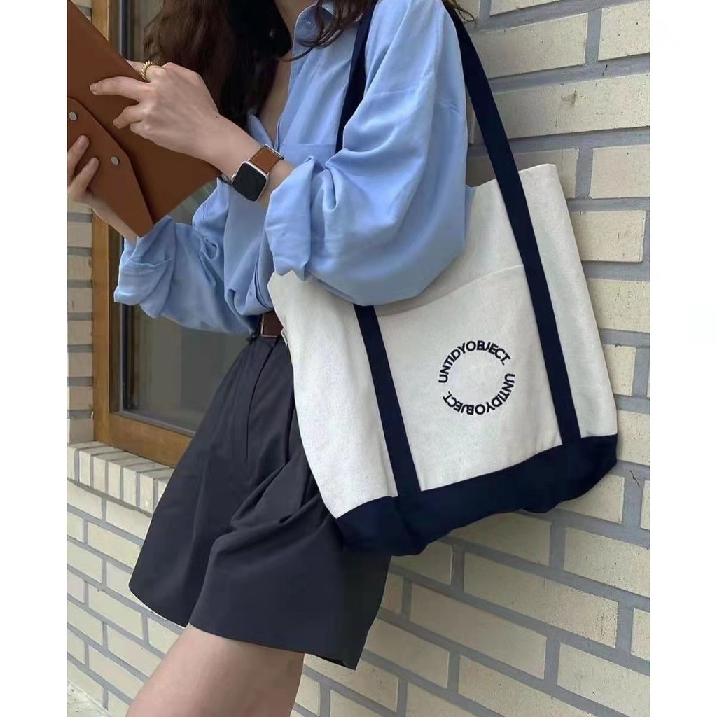 Niche Túi Tote Bằng Vải Canvas Sức Chứa Lớn Phong Cách Hàn Quốc Dễ Phối Đồ