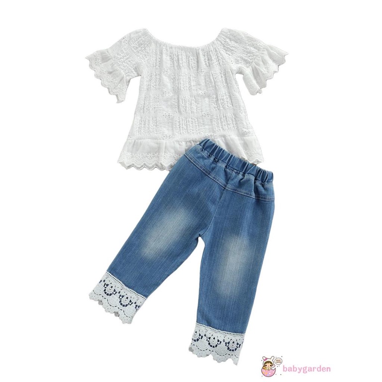Set Đồ 2 Món Áo Tay Ngắn Màu Trơn Phối Ren + Quần Denim Thời Trang Cho Bé Gái 1-6 Tuổi