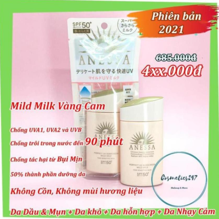 Kem chống nắng Anessa Perfect UV Sunscreen Skincare Milk SPF 50+ PA++ dành cho Da Dầu & Da Dầu Mụn màu vàng  60ml & 20ml