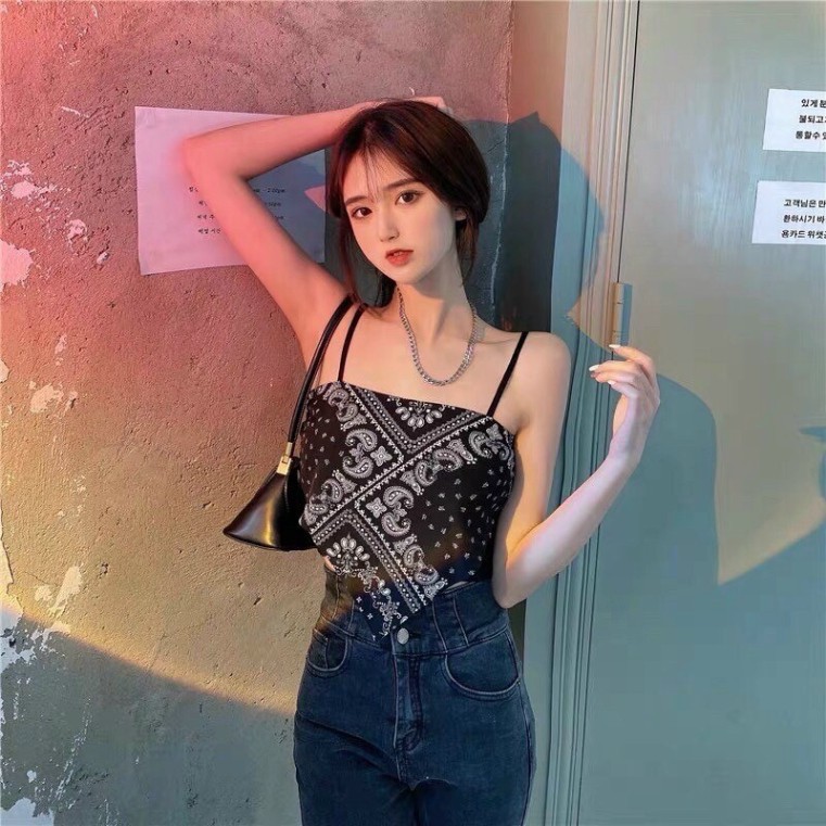 Áo yếm khăn lụa 2 dây in họa tiết/ Áo khăn lụa banada 2 dây/ Áo croptop khăn lụa dáng ôm body sexy