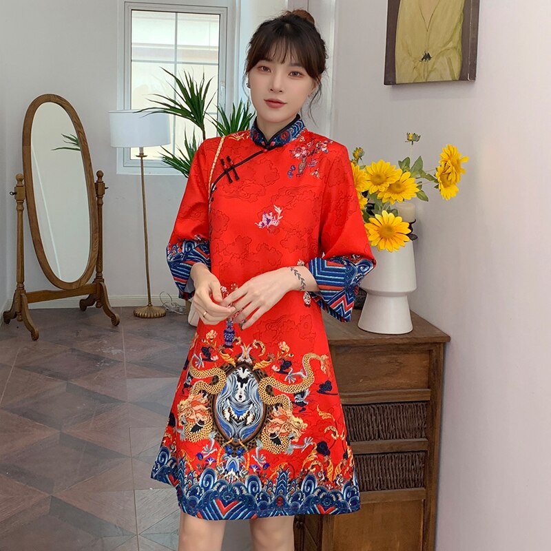 Đầm sườn xám Trung Hoa dáng chữ A tay lỡ thời trang nữ