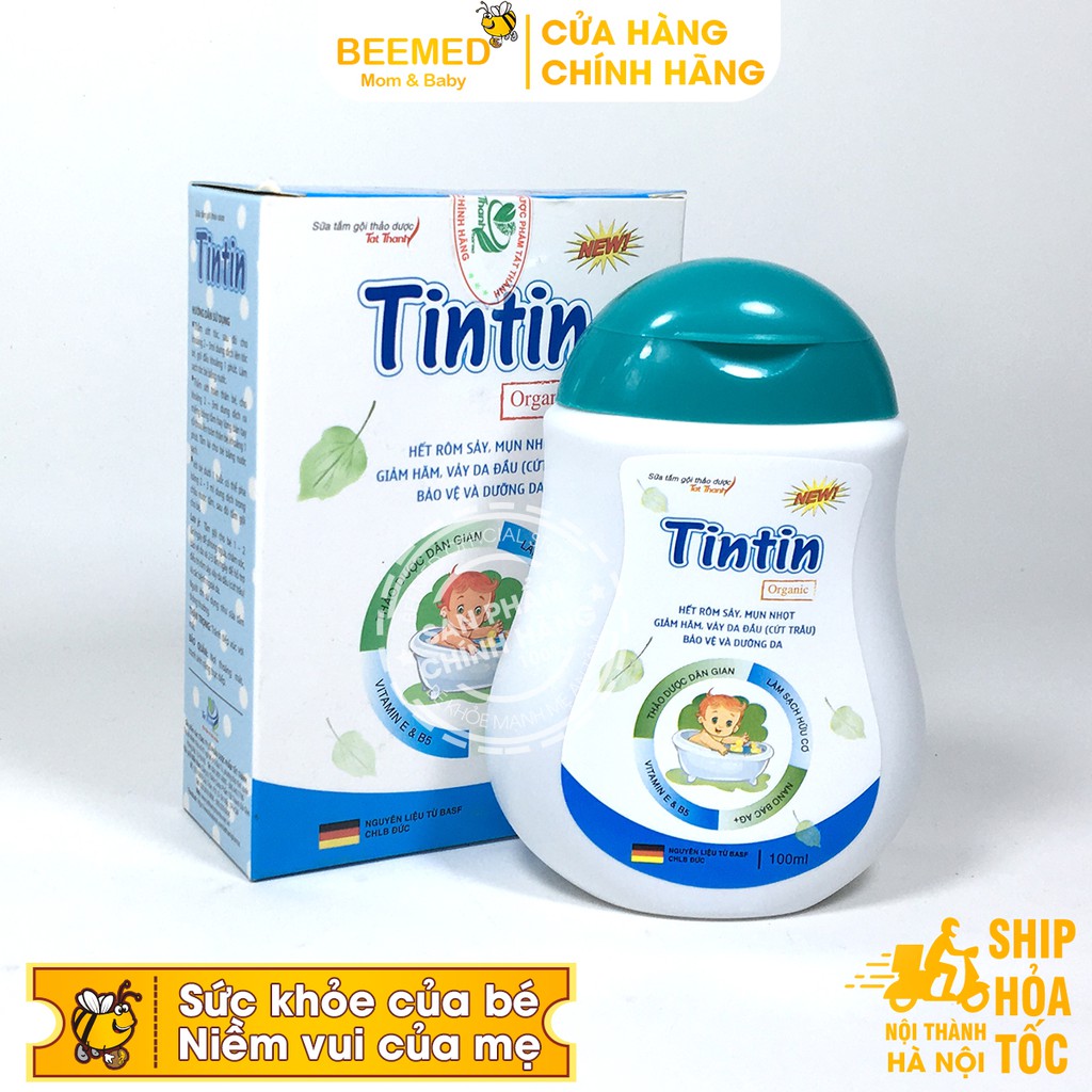 Sữa tắm gội cho bé Tintin - Chai 100ml - Không gây cay mắt, cho trẻ từ sơ sinh từ thảo dược, giảm rôm sảy, mẩn ngứa