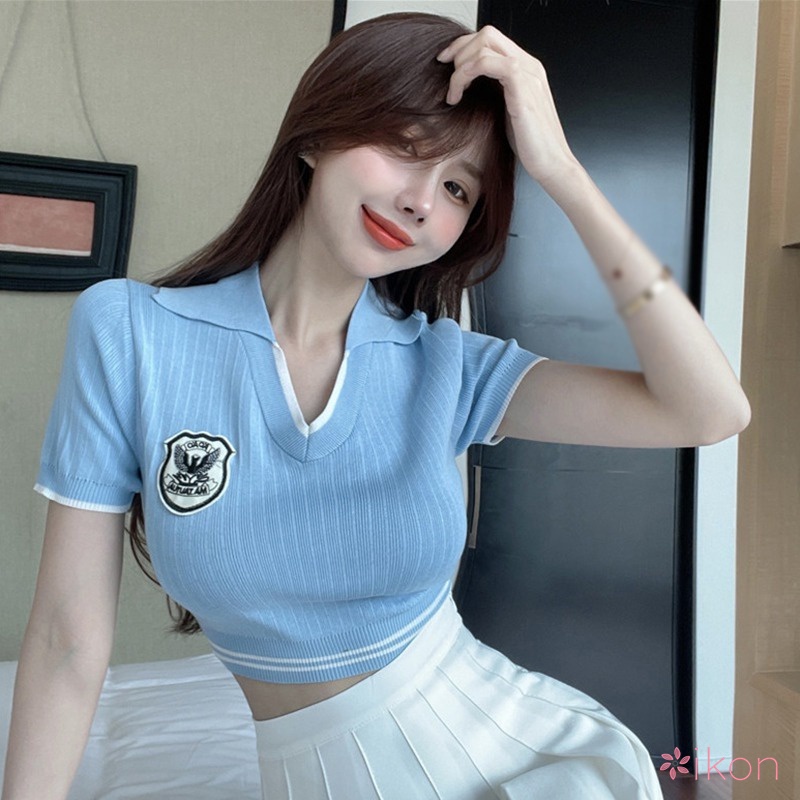 Áo Croptop Dệt Kim Tay Ngắn Cổ Chữ V Phong Cách Hàn Quốc