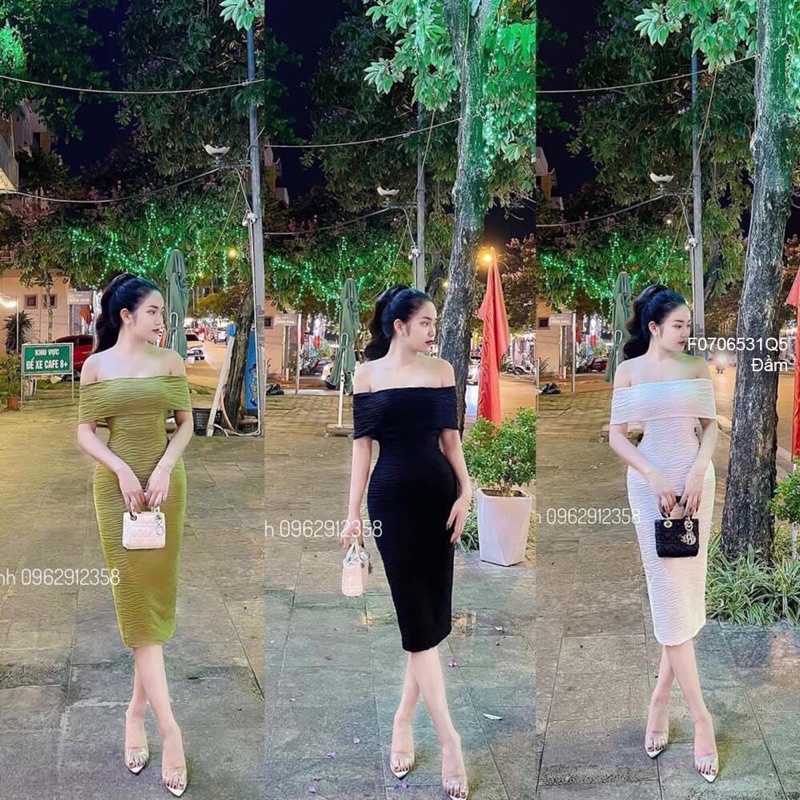 Đầm xốp thun vân nổi bẹt vai ôm phô Body chuẩn TT0706