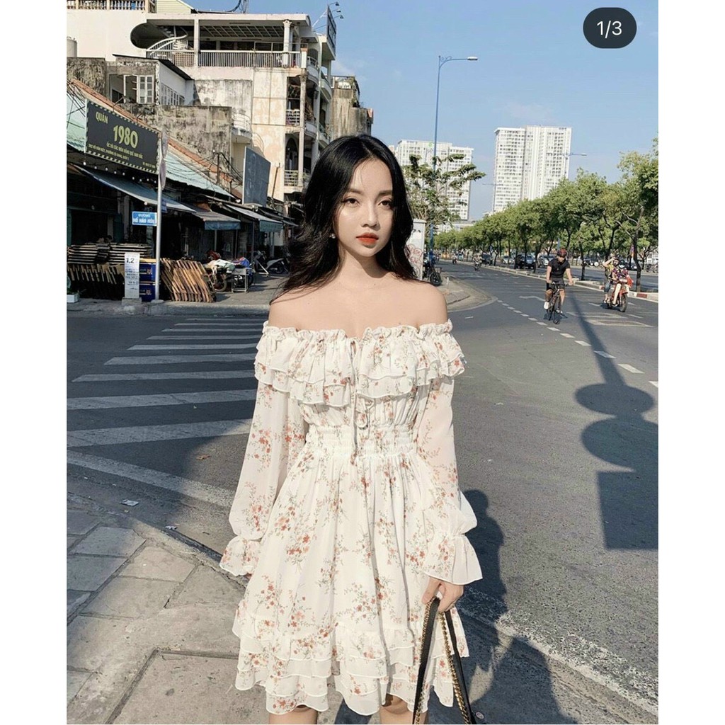 _Đầm Voan hoa nhí bẹt vai bo nhún mang được 2 kiểu xinh xắn tiểu thư PHS1005