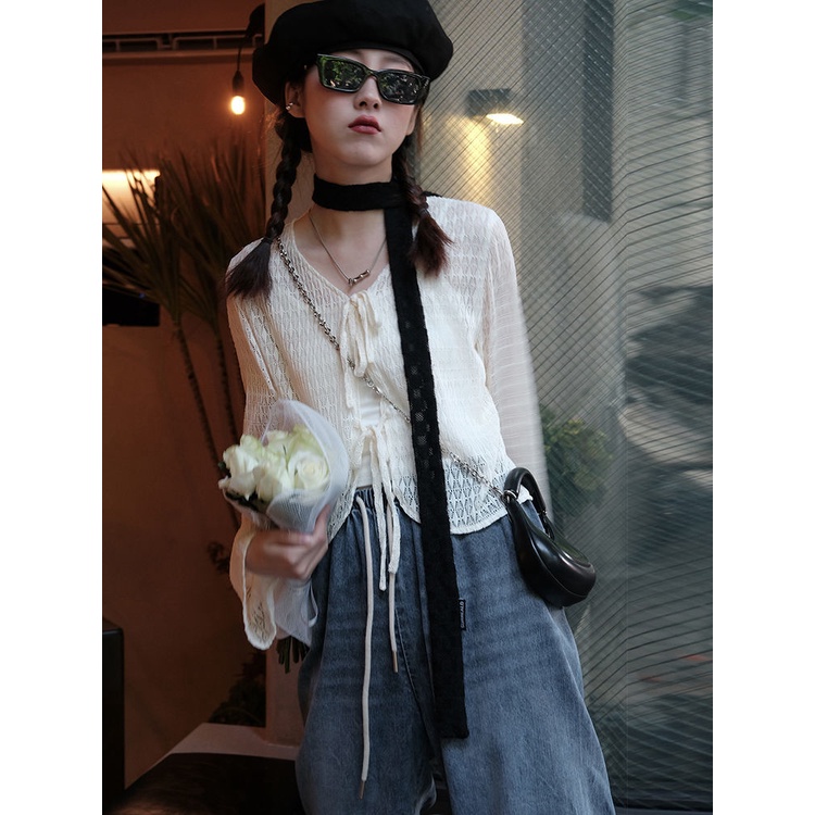 Áo Cardigan Cổ Chữ V Phối Ren Mỏng Thời Trang Mùa Hè Mới 2022 Cho Nữ