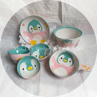 Bát tô dễ thương, chén dĩa ăn cơm bằng sứ hình chim cánh cụt siêu xinh