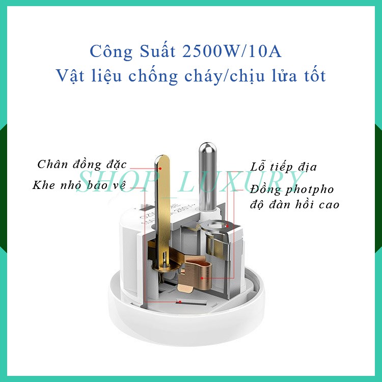 Phích Cắm Chuyển Đổi 3 Chân Dẹt EU Sang 2 Chân Tròn Chuẩn VN Chính Hãng