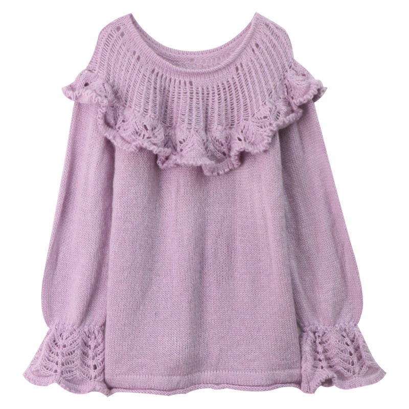 Áo Len Tay Dài Cổ Tròn Nhún Bèo Đơn Giản Thời Trang Phong Cách Hàn Quốc