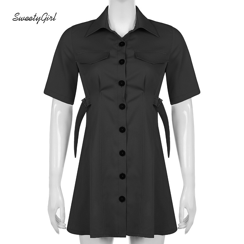 Đầm Tay Ngắn Cổ Bẻ Cài Nút Màu Trơn Eo Cao 2022 Thời Trang Cho Nữ