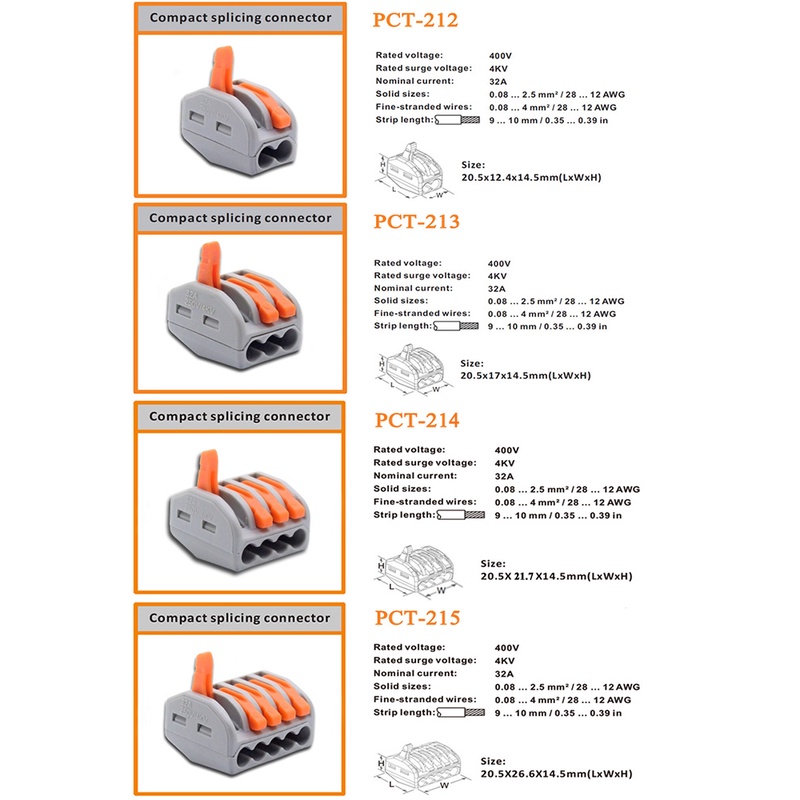 Cút nối dây điện nhanh PCT-213, chịu tải 32A Cút gộp dây điện 3, 4 , 5 sợi PCT-212 PCT-214 Chất lượng cao