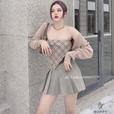 Set Váy 4 Món Áo Quây Caro + Áo khoác Mix Chân Váy Xếp Ly Kèm Thắt Lưng xịn xò