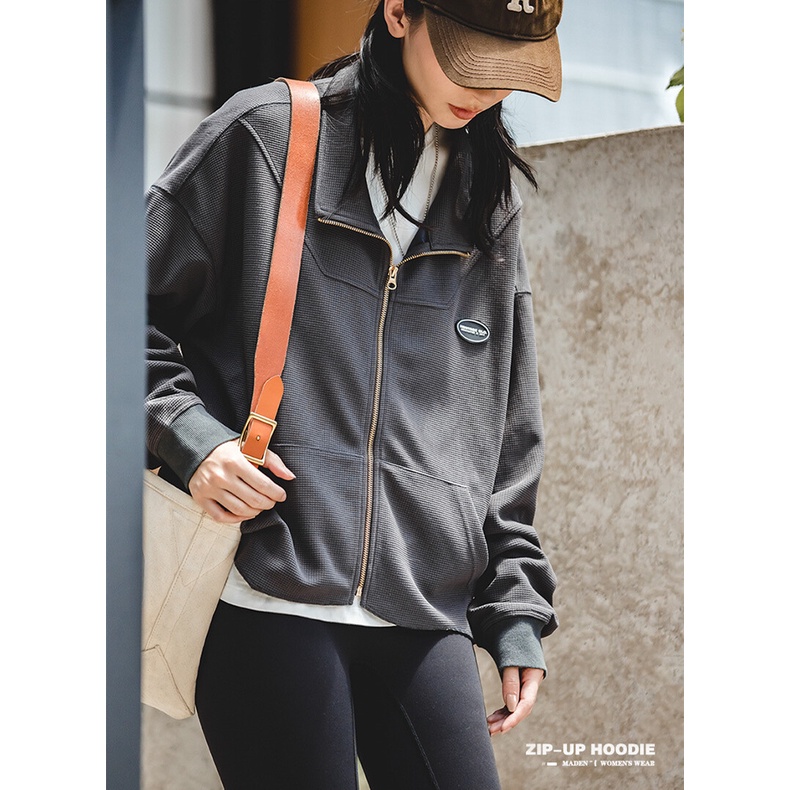 Áo khoác MADEN cổ đứng cao nửa có khóa kéo thời trang màu thu cho nữ
