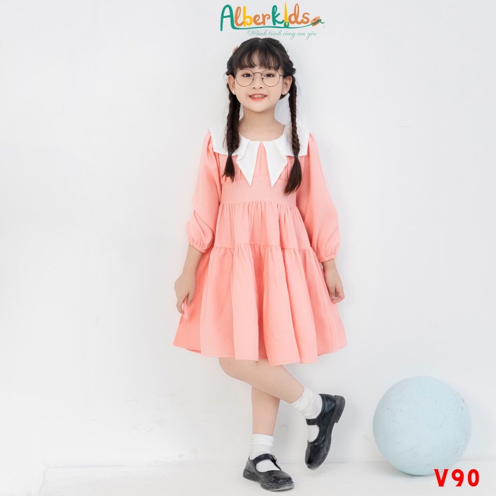 Váy cho bé gái ALBER KIDS 2 tầng phối cổ V cách điêu công chúa xinh đẹp cho trẻ em 2,3,4,5,6,7,8,9,10,11,12 tuổi [V90]
