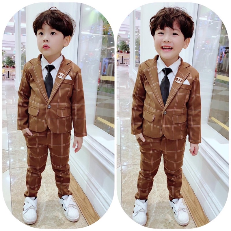 Bộ vest 6 chi tiết cho bé trai 9-22kg(áo vest, gile, quần, cà vạt, cài áo)