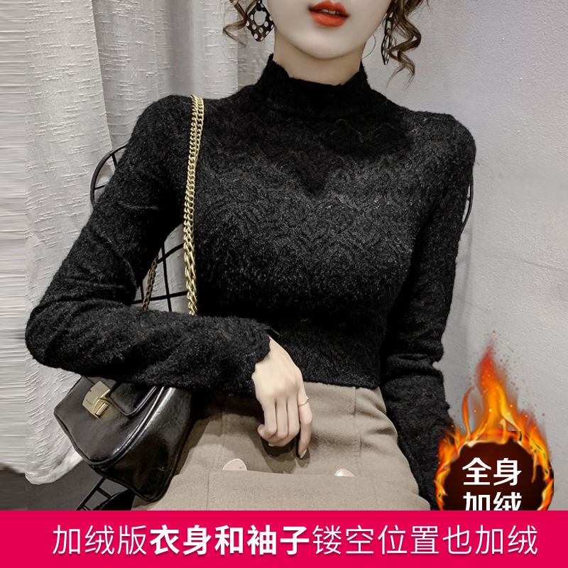 Áo Ren Cổ Lọ Tay Dài Vải Nhung Plus Phong Cách Phương Tây