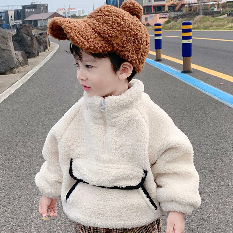 Hàng mới về Áo khoác chui đầu có mũ vải lông cừu thời trang mùa đông mới cho bé trai và bé gái 2021
