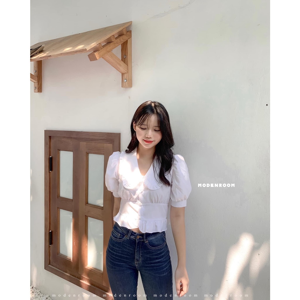 Áo sơ mi nữ cộc tay phồng cổ sen kiểu croptop siêu mát mẻ