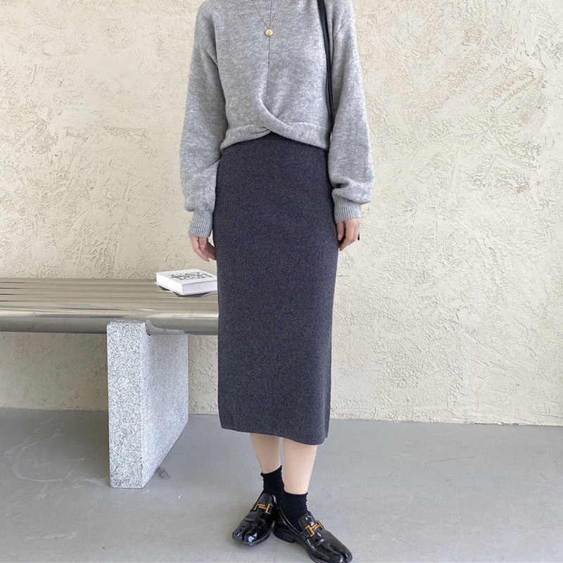 Chân Váy Dệt Kim Dáng Chữ A Lưng Cao Xẻ Tà Thời Trang Thu Đông Hàn Quốc