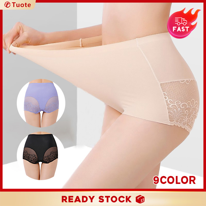 L~4XL Tuote Ready Stock Women's Panties Lace Sexy Underpants Ice Silk Seamless Underwear High Waist Plus Size Ladies Belly Female Briefs