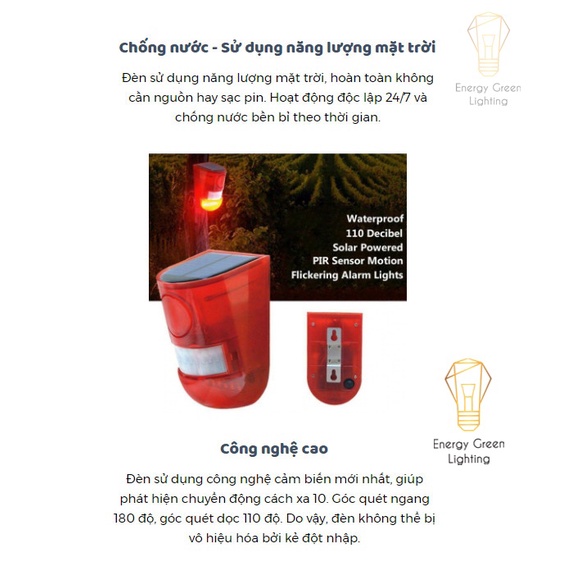 Đèn Báo Động Cảm Biến Energy Green Lighting - Sử Dụng Năng Lượng Mặt Trời MT-12069 - Có chức năng sạc điện