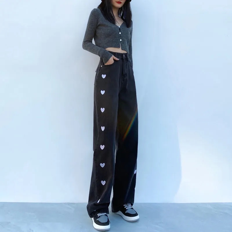 Quần Jeans Nữ Lưng Cao Ống Rộng In Hình Trái Tim Thời Trang Hàn Quốc