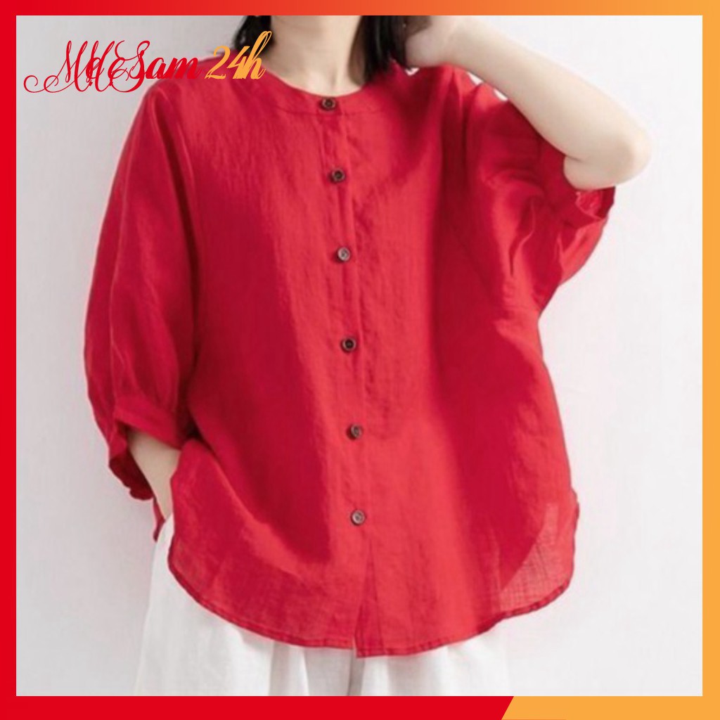 Áo sơ mi đũi nữ bigsize tay lỡ cổ tròn Mẹ Sam 24h chất liệu vải mềm mịn mát, form rộng che khuyết điểm SMH.34 | BigBuy360 - bigbuy360.vn
