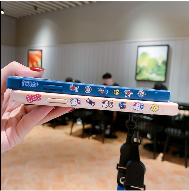 For IPHONE 6 6s 7 8 11 12 Pro Max Mini Plus Case camera Lanyard Frame Border Pattern Catroon Cute Doraemon Wrist Strap Housing Casing Cover Ip11 Ip12 Silicone Full Camera Protector