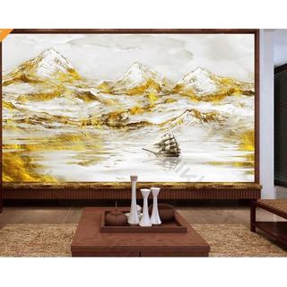 Tranh phong cảnh núi đá vàng phú quý, tranh dán tường 3d hiện đại (tích hợp sẵn keo) 722985