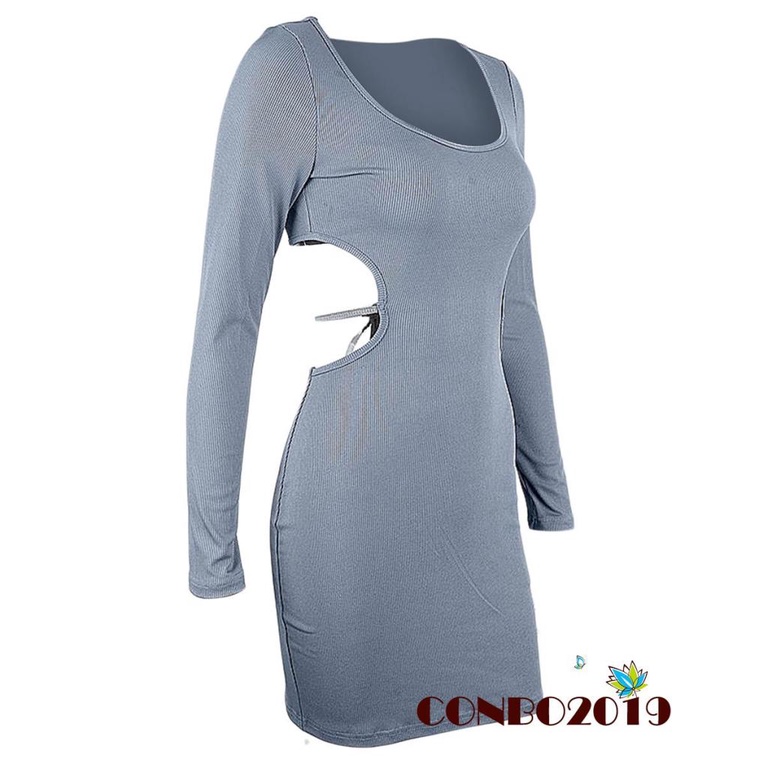 HGM-Women Short Bodycon Dress Solid Color Back Hollow-Out Long Sleeve Low-Cut Dress