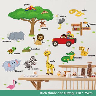 Tranh dán tường cho bé trai, decal dán tường cho bé học (Bé Thăm Vườn Thú)
